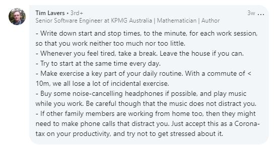 Screenshot of Remote Work Tips comment from software developer Tim Lavers.