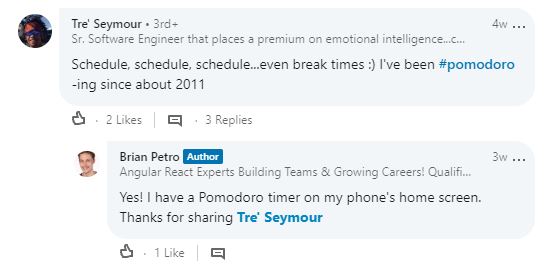 Screenshot of Remote Work Tips comment from software developer Tre' Seymour.